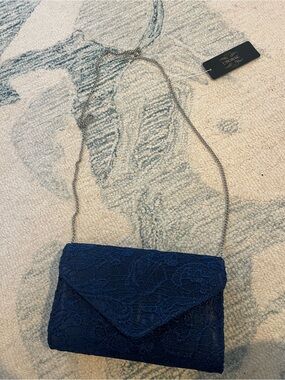 Lace Envelope Wristlet Clutch in Navy with Chain Strap